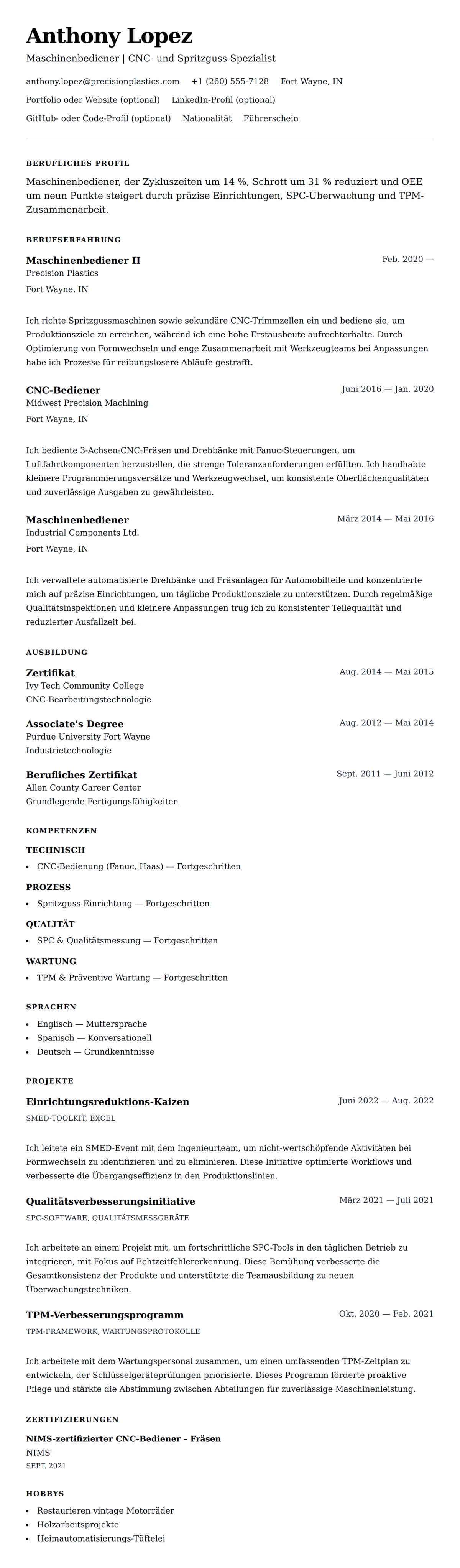 Lebenslaufvorschau für Beispiel-Lebenslauf Maschinenbediener