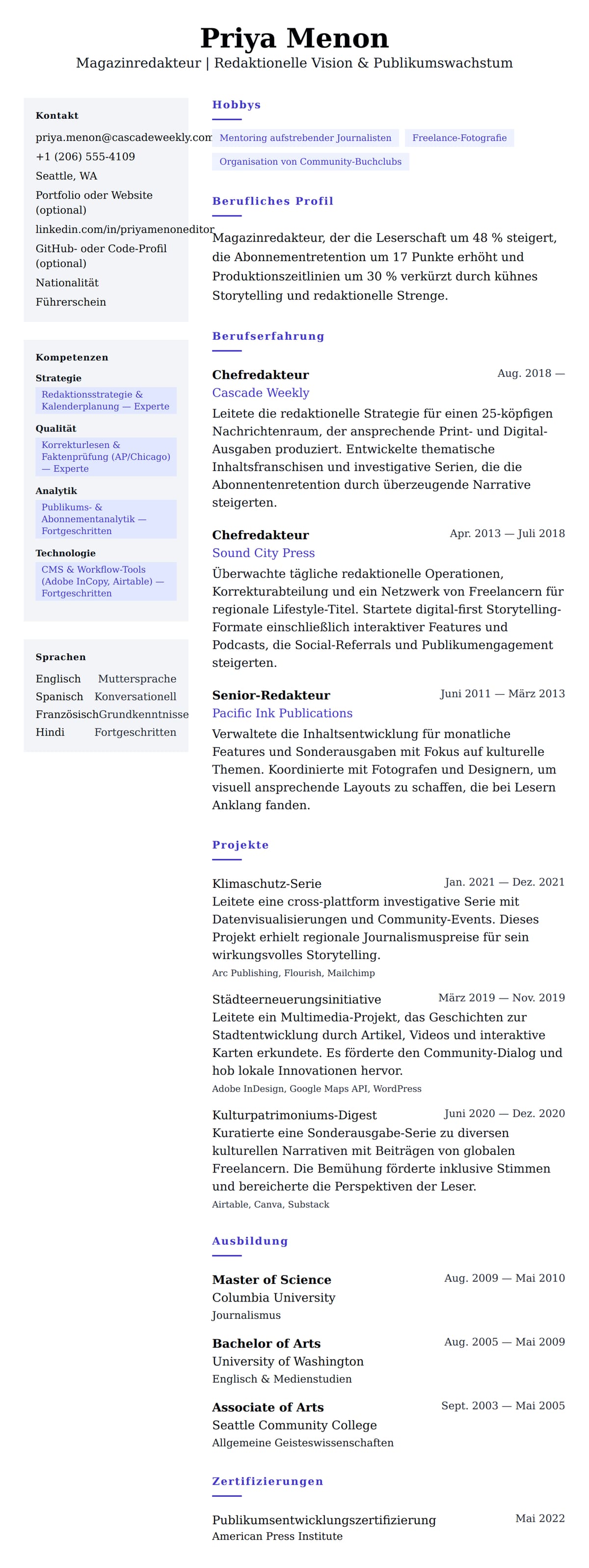 Lebenslaufvorschau für Magazinredakteur Lebenslaufbeispiel