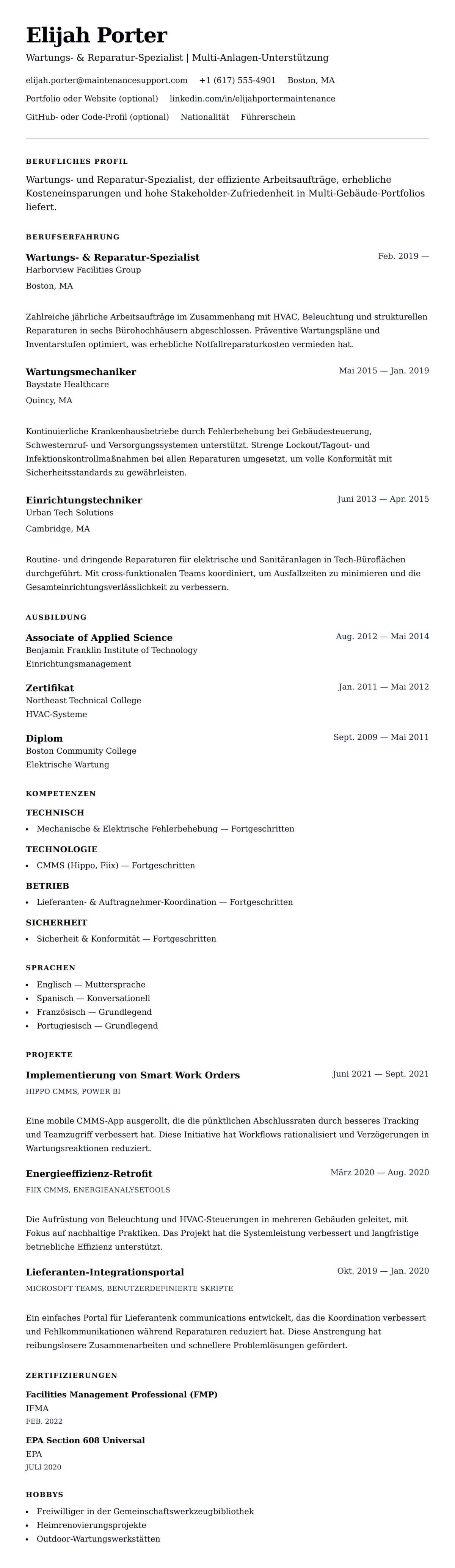 Lebenslaufvorschau für Wartung & Reparatur Lebenslauf-Beispiel