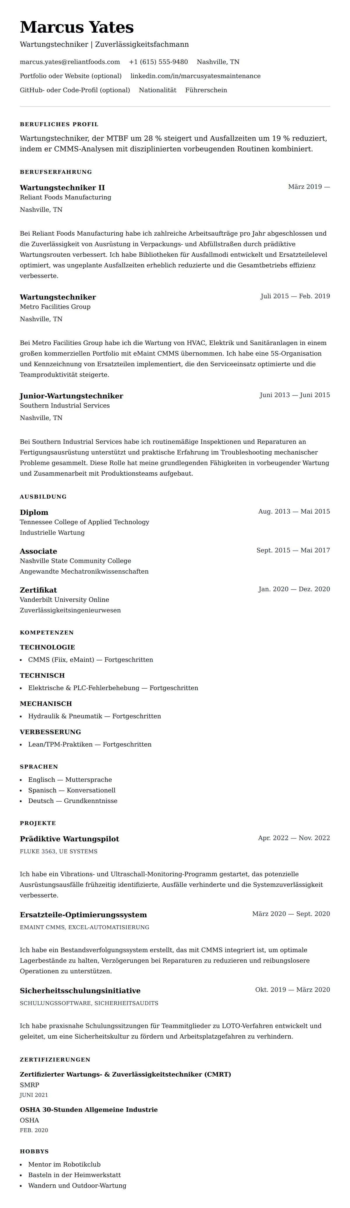 Lebenslaufvorschau für Lebenslaufbeispiel für Wartungstechniker