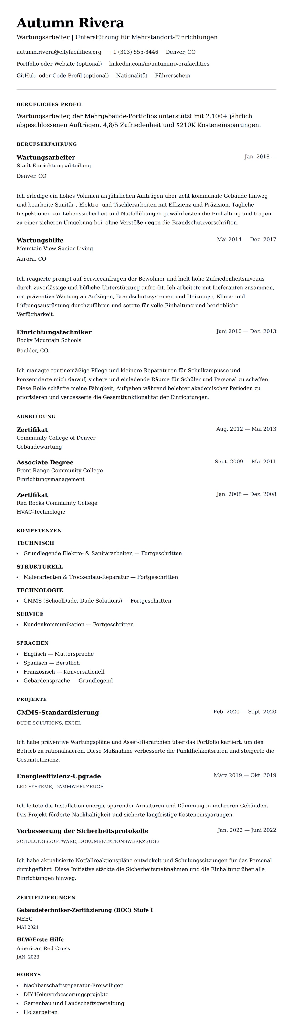 Lebenslaufvorschau für Lebenslaufbeispiel für Wartungsarbeiter