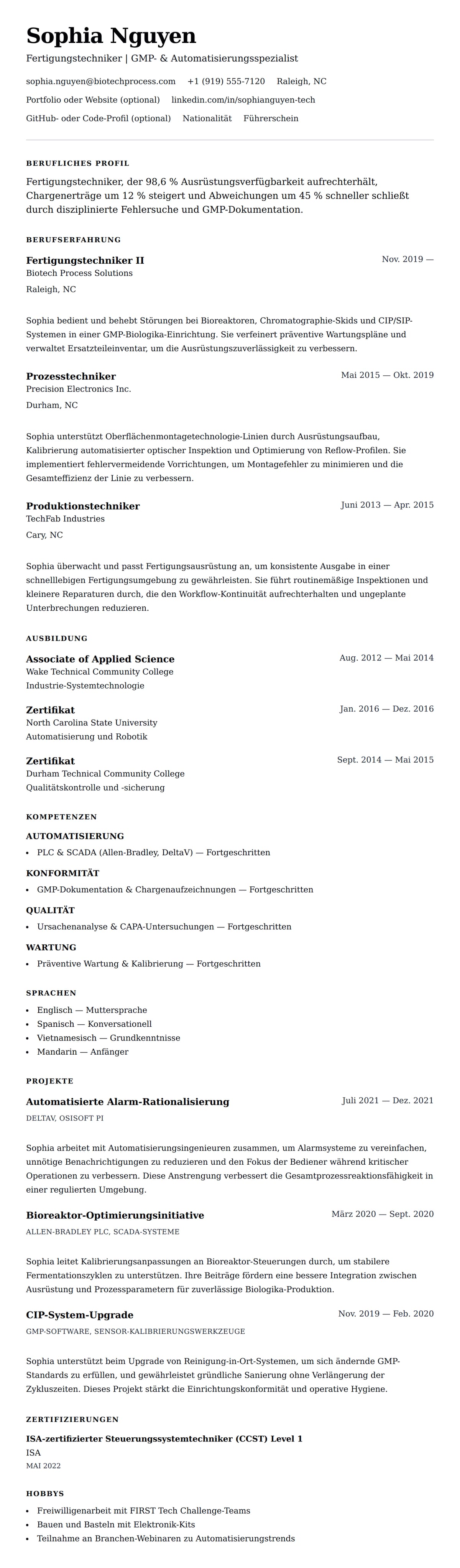 Lebenslaufvorschau für Lebenslaufbeispiel für Fertigungstechniker