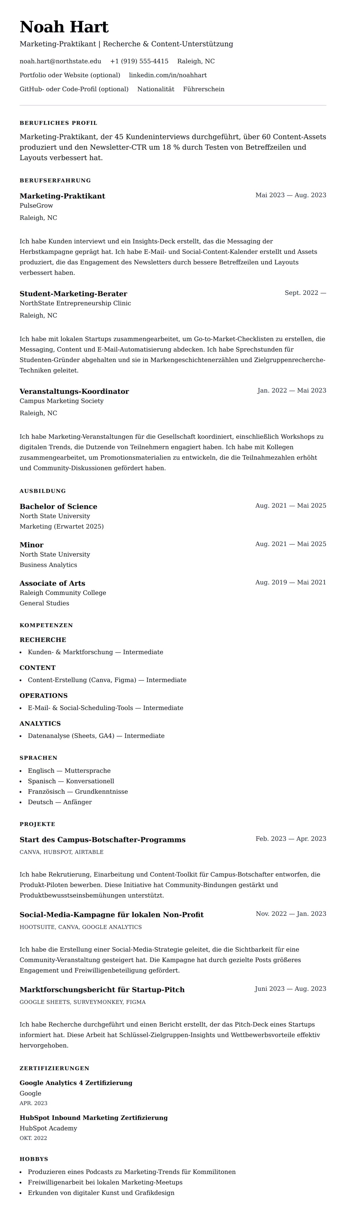 Lebenslaufvorschau für Lebenslaufbeispiel für Marketing-Praktikant