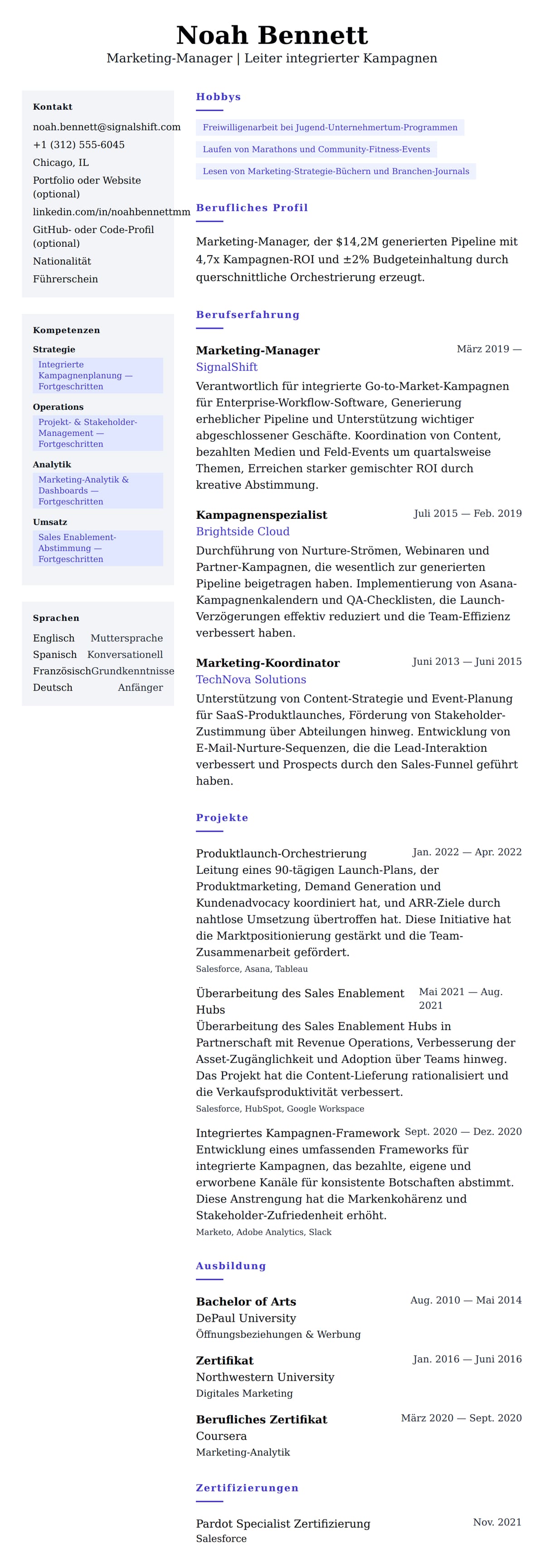 Lebenslaufvorschau für Lebenslaufbeispiel für Marketing-Manager