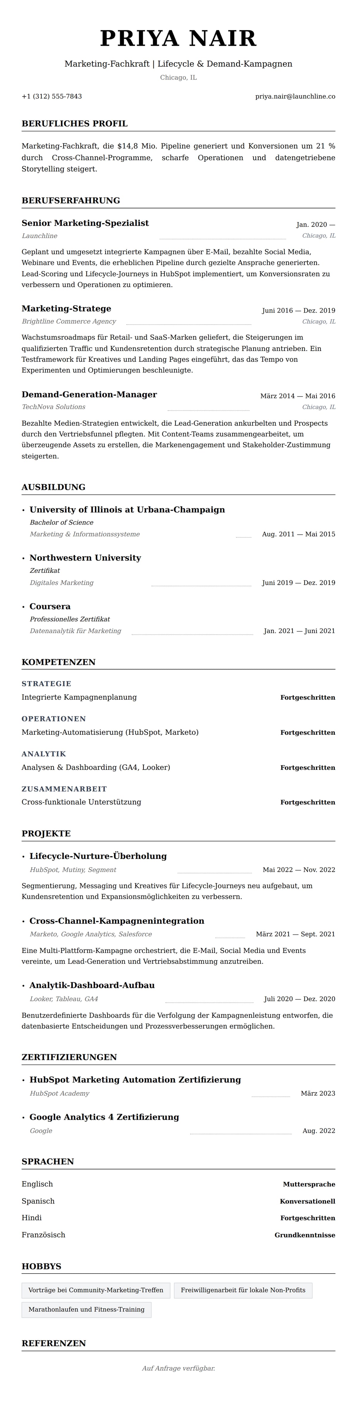 Lebenslaufvorschau für Beispiel-Lebenslauf für Marketing-Fachkraft