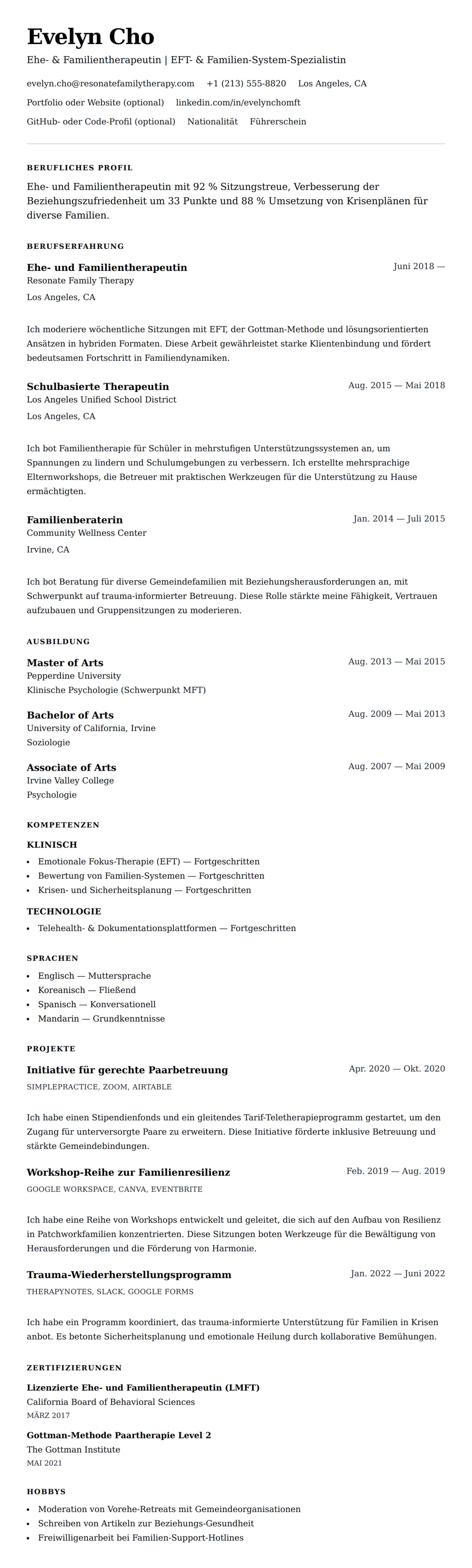 Lebenslaufvorschau für Lebenslaufbeispiel für Ehe- und Familientherapeuten