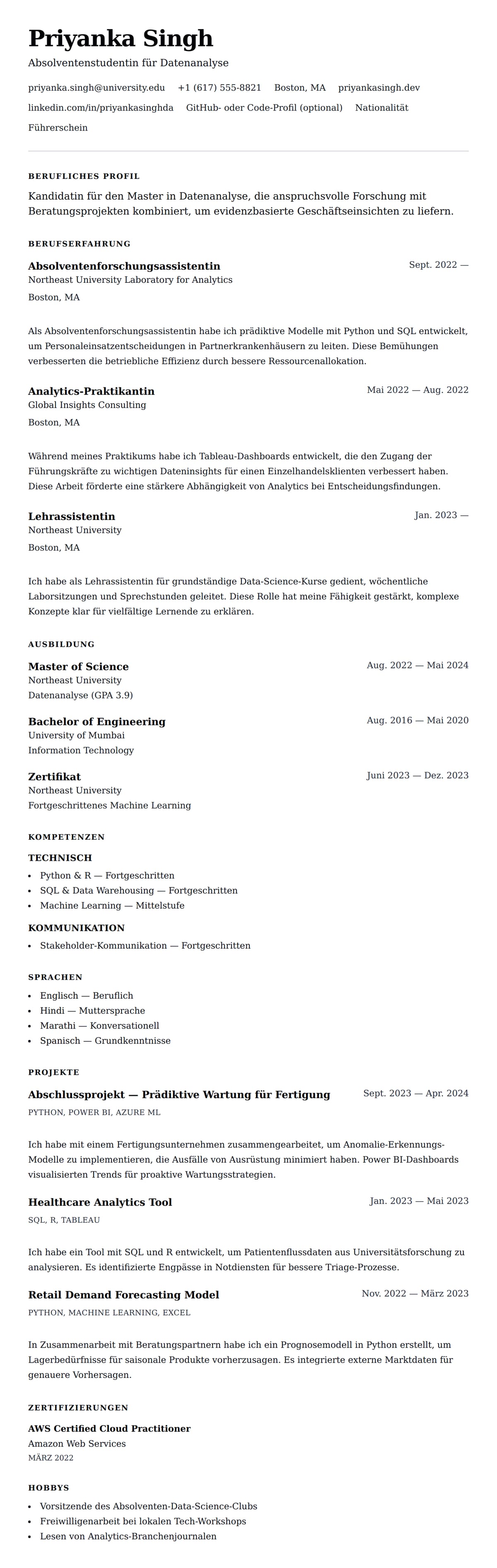 Lebenslaufvorschau für Lebenslauf-Beispiel für Master-Studenten