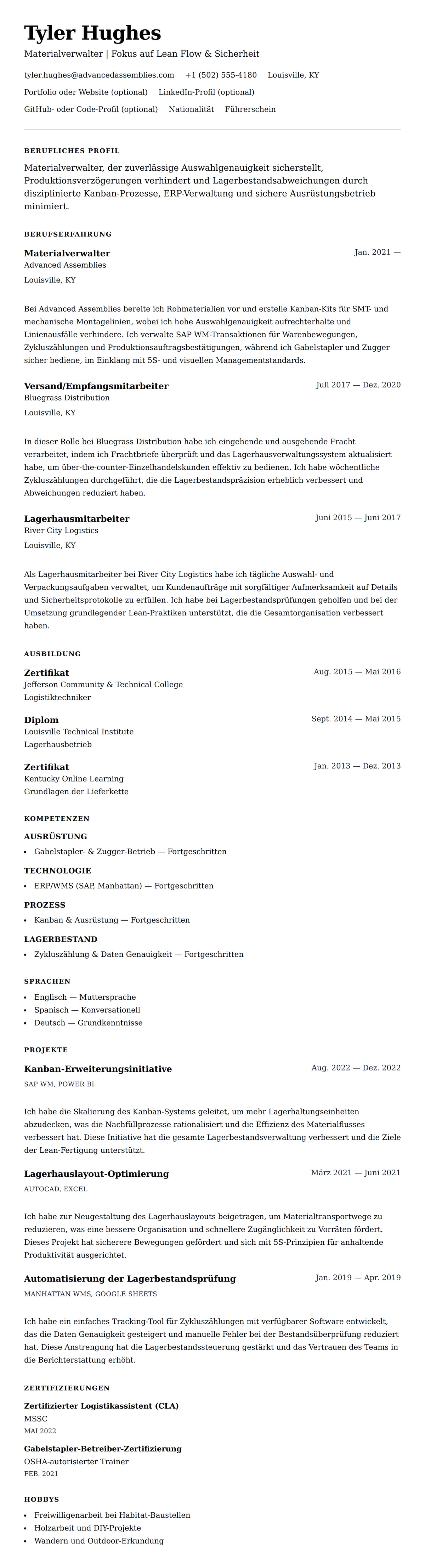 Lebenslaufvorschau für Materialverwalter Lebenslauf-Beispiel