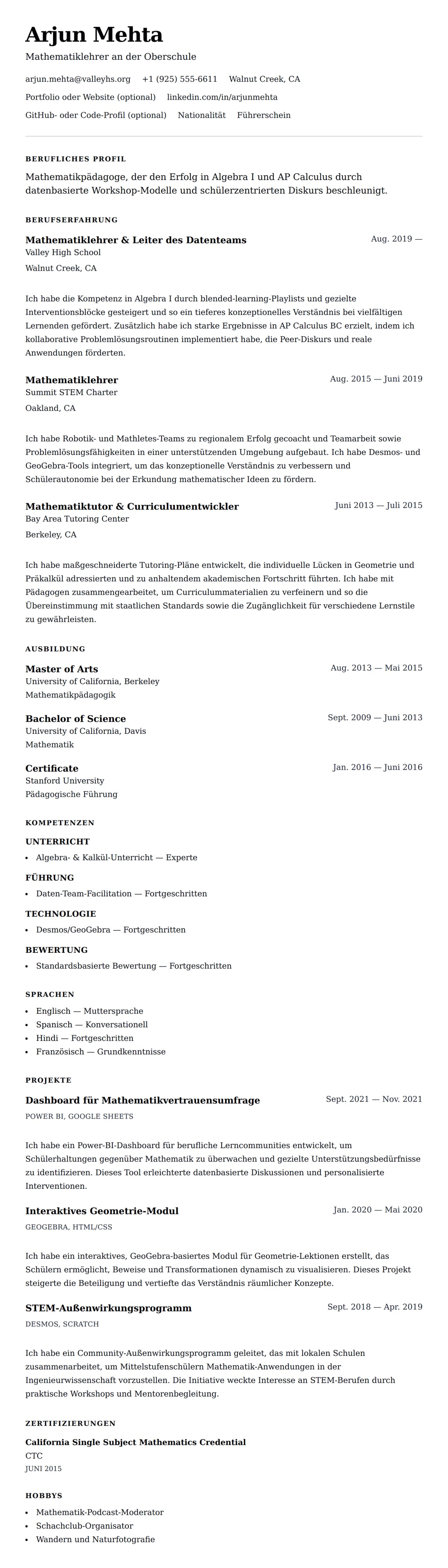 Lebenslaufvorschau für Beispiel-Lebenslauf für Mathematiklehrer