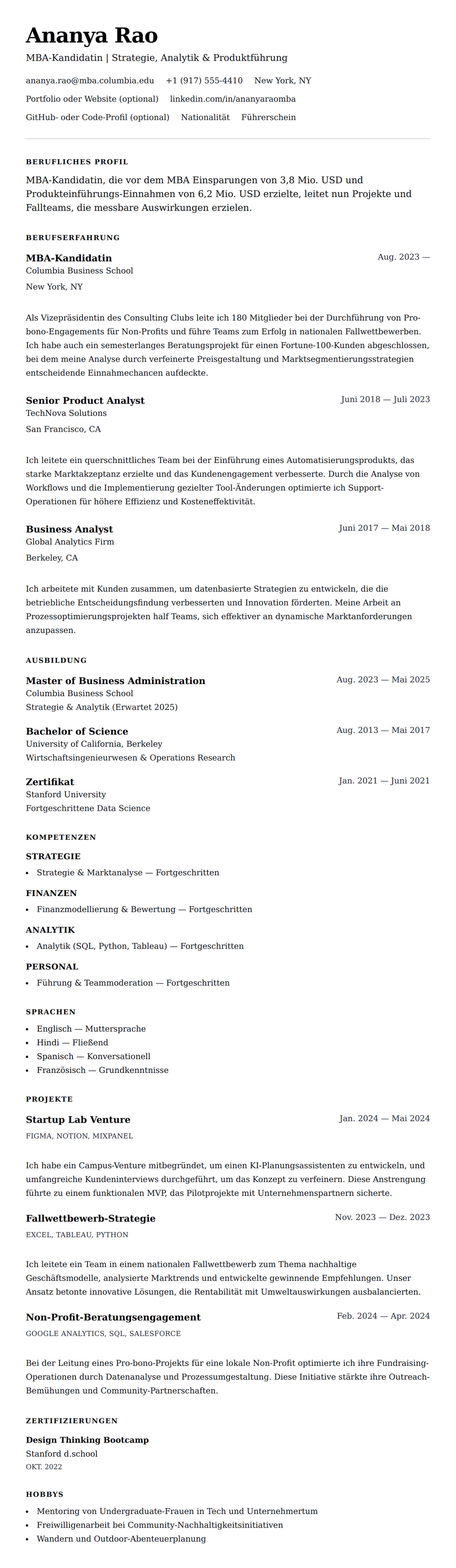 Lebenslaufvorschau für MBA-Kandidat Lebenslaufbeispiel