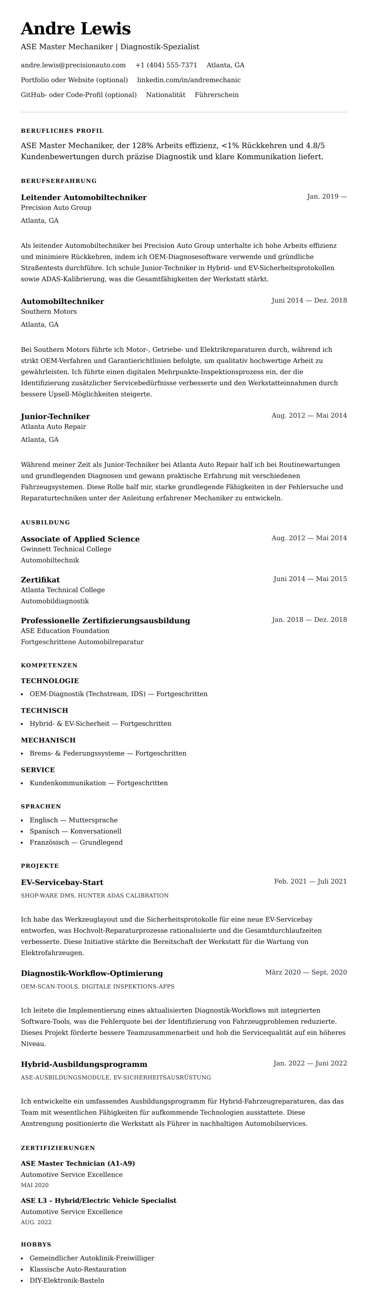 Lebenslaufvorschau für Mechaniker-Lebenslauf-Beispiel