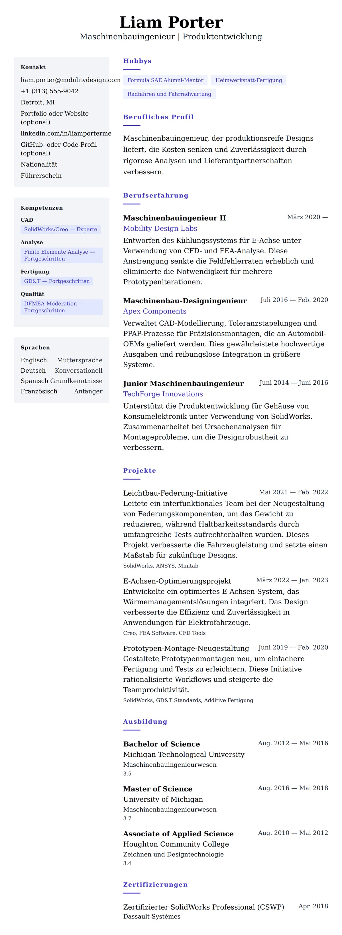 Lebenslaufvorschau für Maschinenbauingenieur Lebenslauf-Beispiel