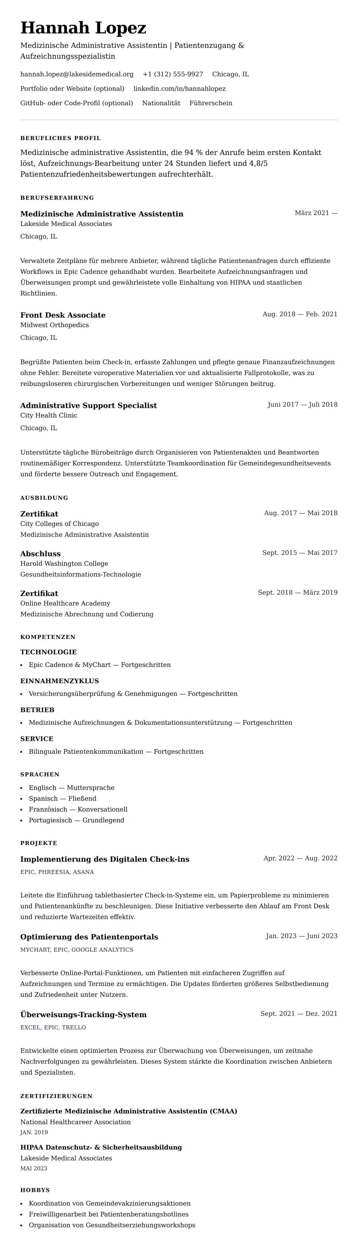 Lebenslaufvorschau für Lebenslaufbeispiel für Medizinische Administrative Assistentin