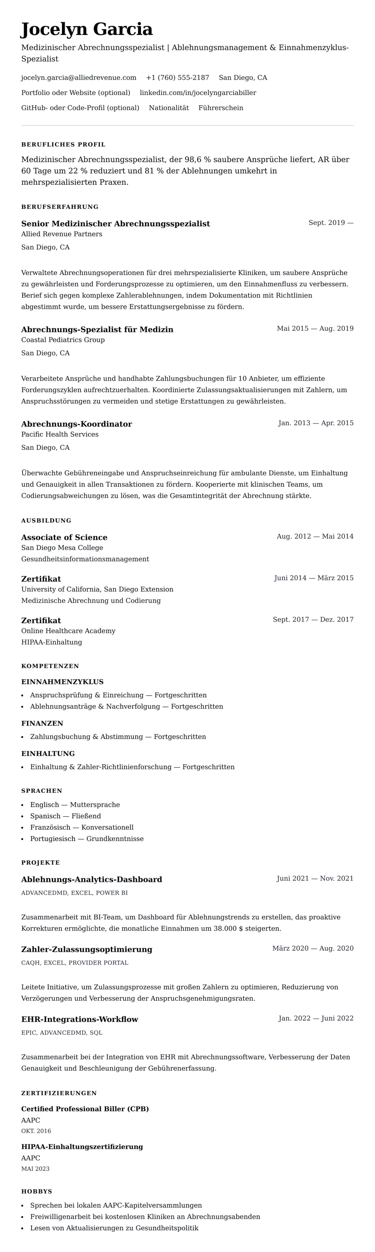 Lebenslaufvorschau für Lebenslaufbeispiel für Medizinischen Abrechnungsspezialisten
