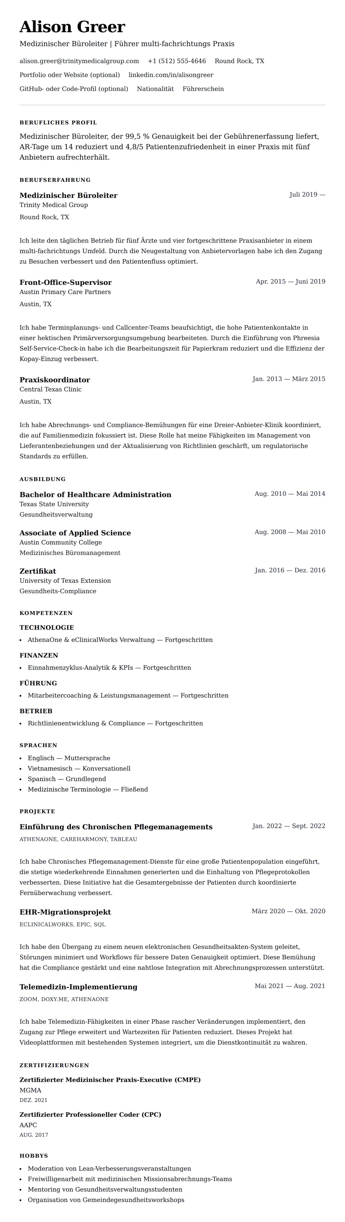 Lebenslaufvorschau für Medizinischer Büroleiter Lebenslauf-Beispiel