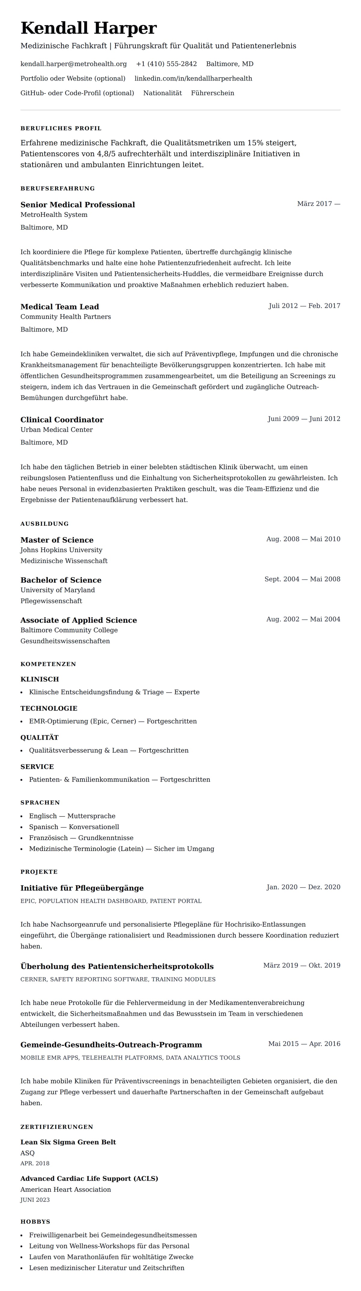 Lebenslaufvorschau für Beispiel-Lebenslauf für Medizinische Fachkraft