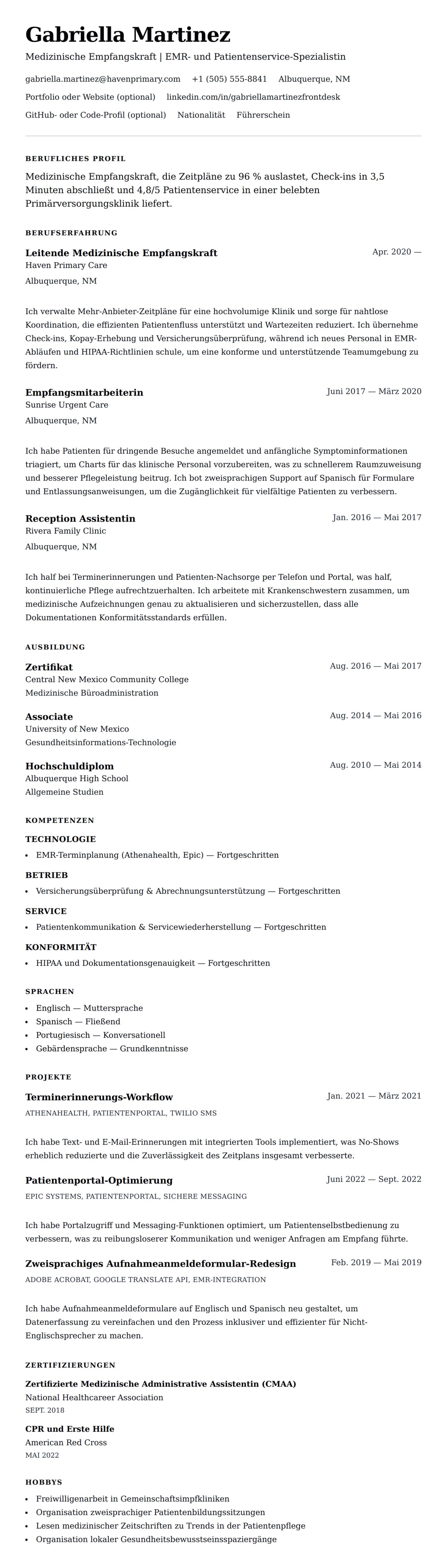 Lebenslaufvorschau für Lebenslaufbeispiel für Medizinische Empfangskraft