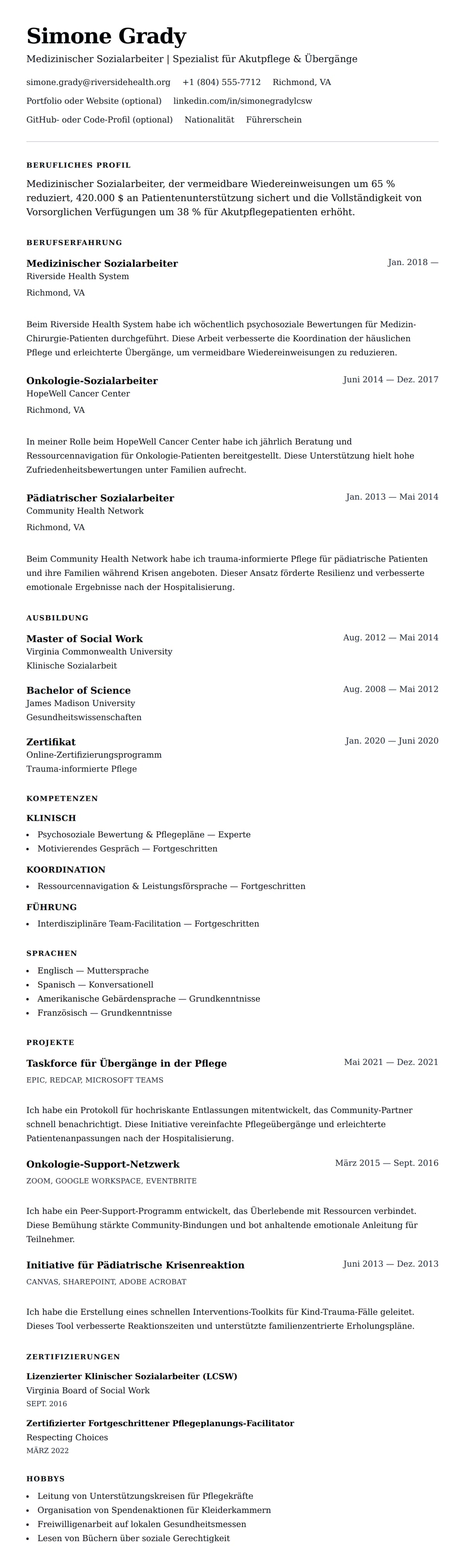 Lebenslaufvorschau für Beispiel-Lebenslauf für Medizinischen Sozialarbeiter