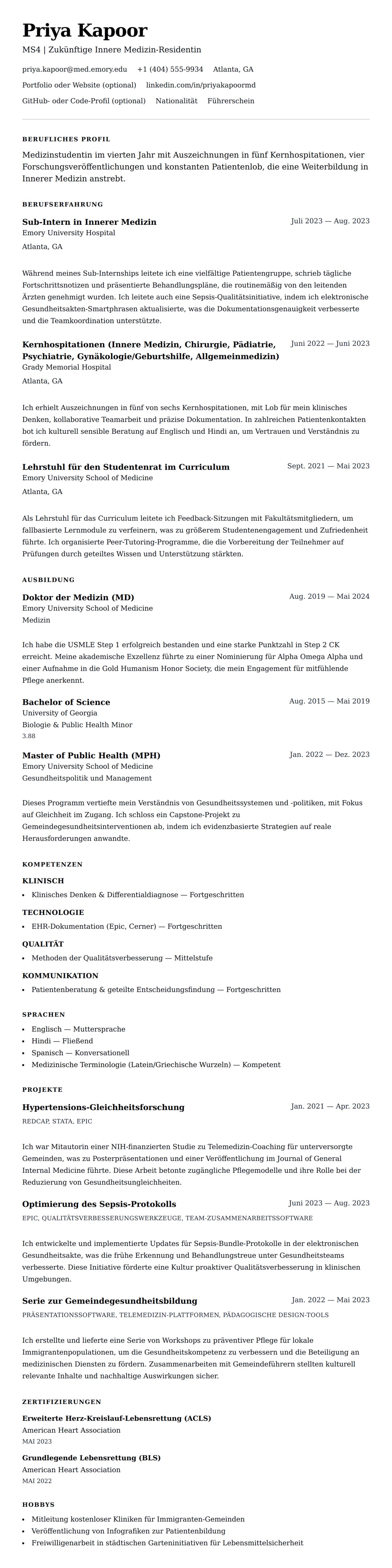 Lebenslaufvorschau für Beispiel-Lebenslauf für Medizinstudenten