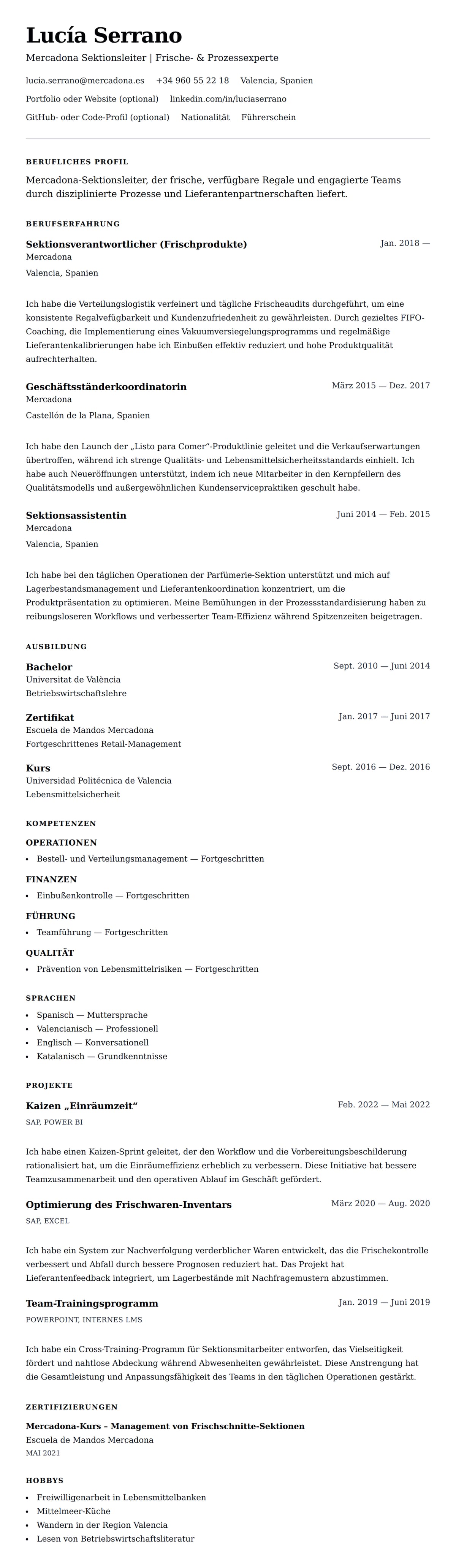 Lebenslaufvorschau für Mercadona Sektionsleiter Lebenslaufbeispiel