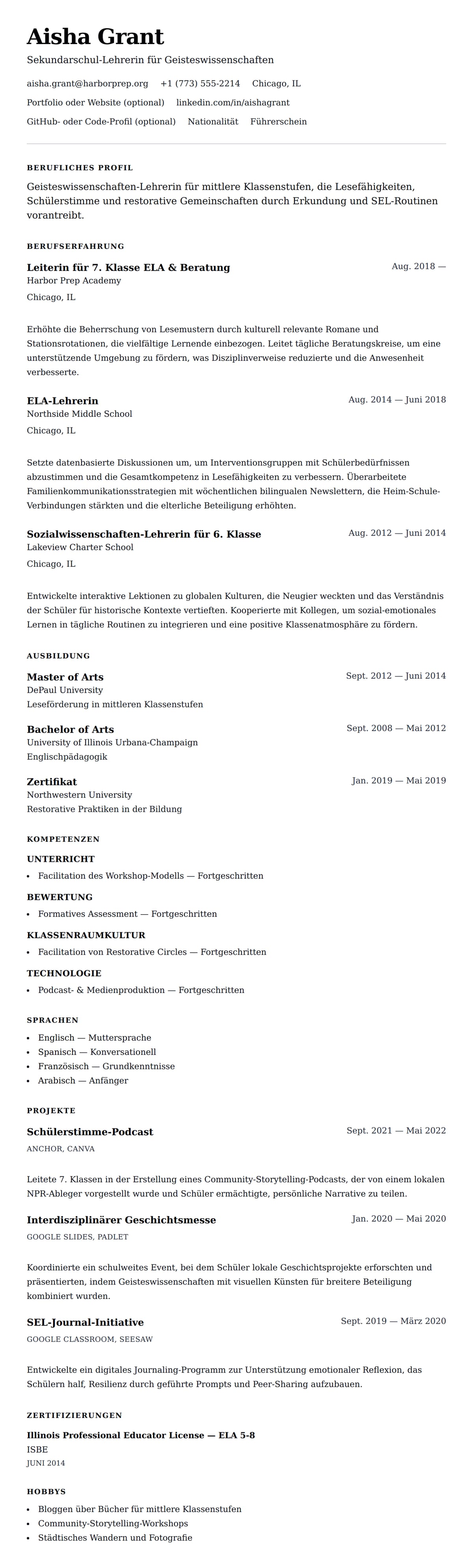 Lebenslaufvorschau für Lebenslauf-Beispiel für Sekundarschullehrer