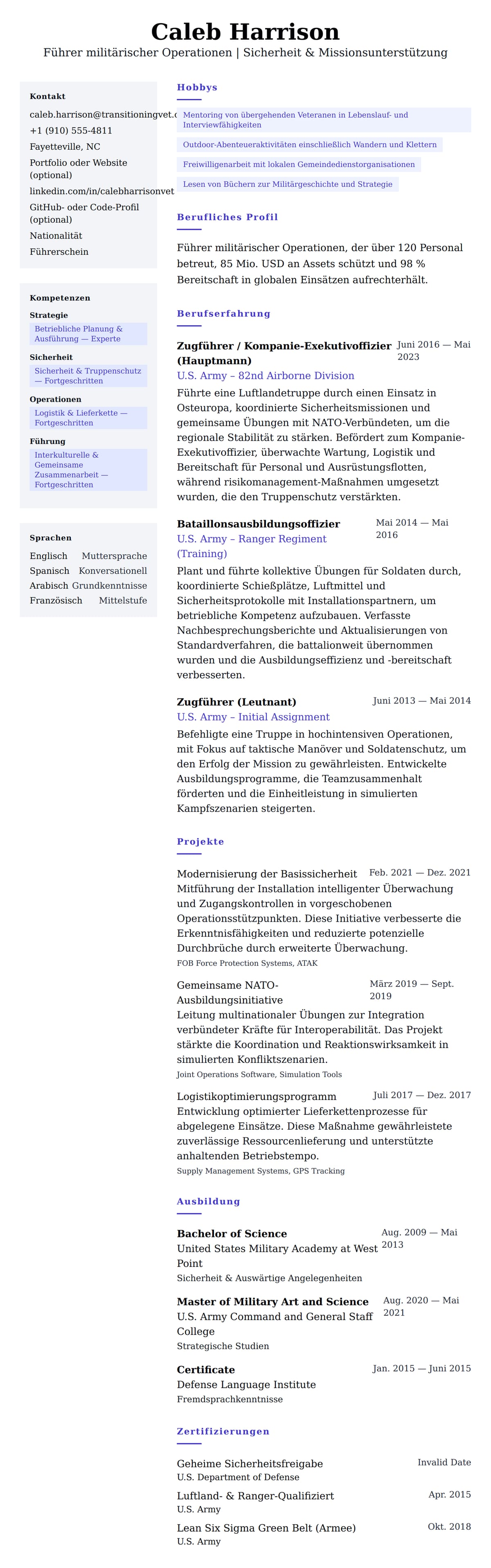 Lebenslaufvorschau für Lebenslaufbeispiel für Militärdienstmitglieder