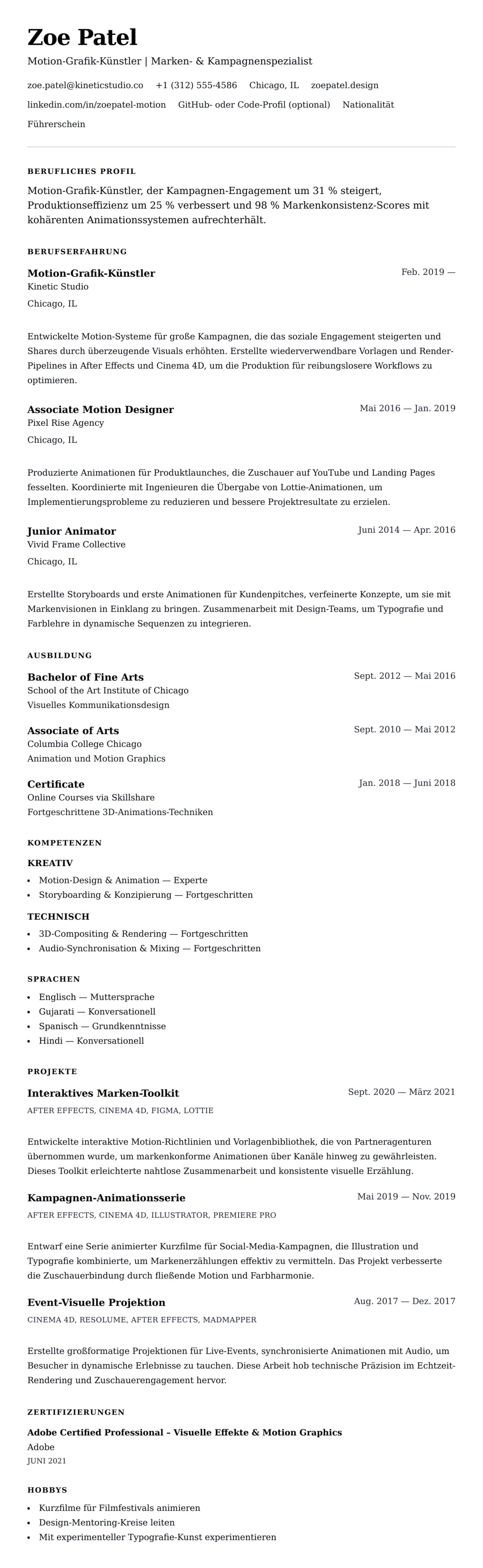 Lebenslaufvorschau für Lebenslauf-Beispiel für Motion-Grafik-Künstler