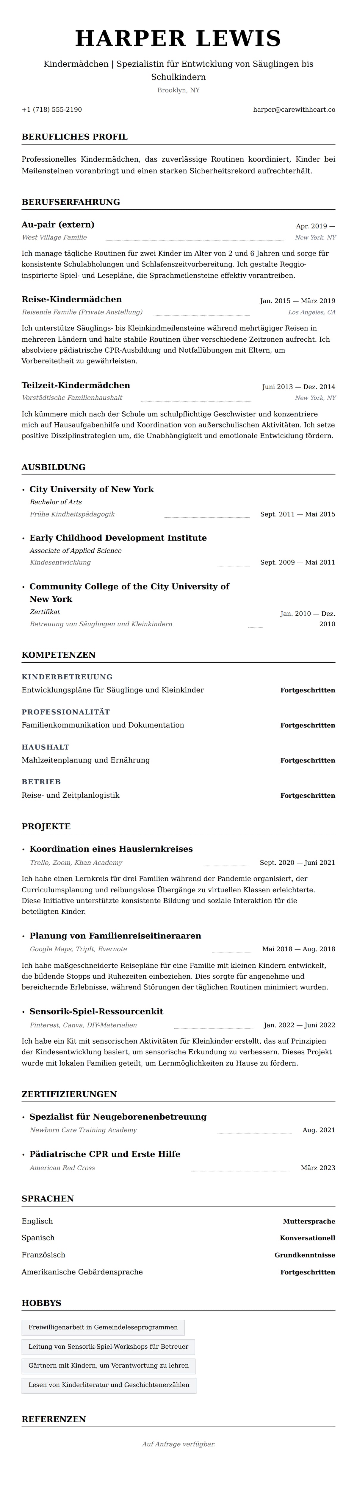 Lebenslaufvorschau für Lebenslauf-Beispiel für Kindermädchen