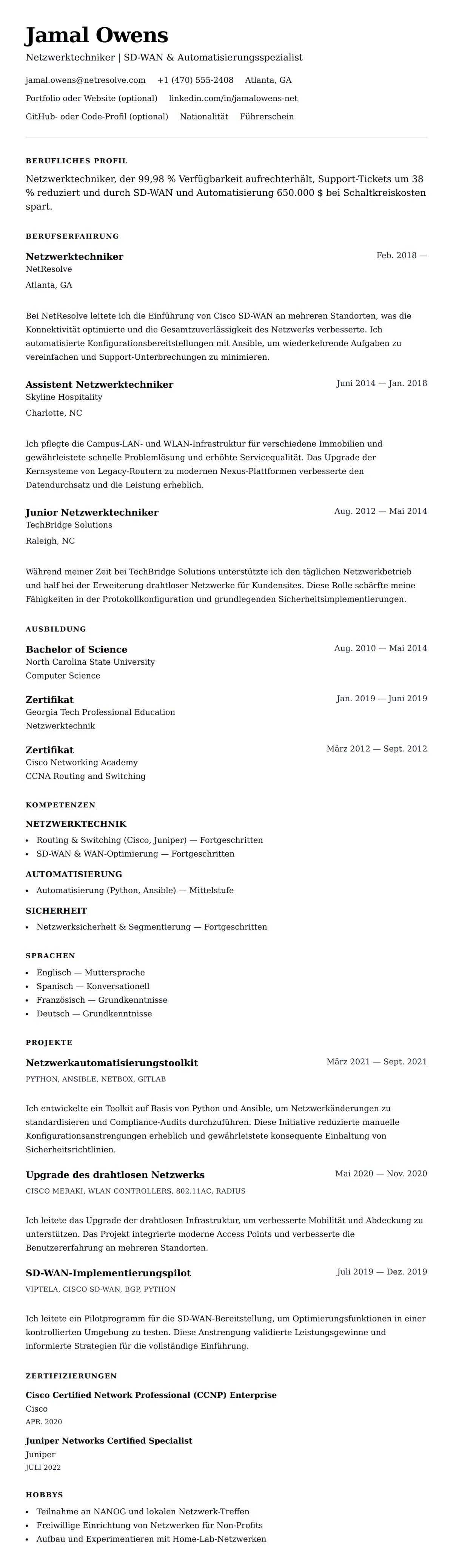 Lebenslaufvorschau für Netzwerktechniker Lebenslaufbeispiel