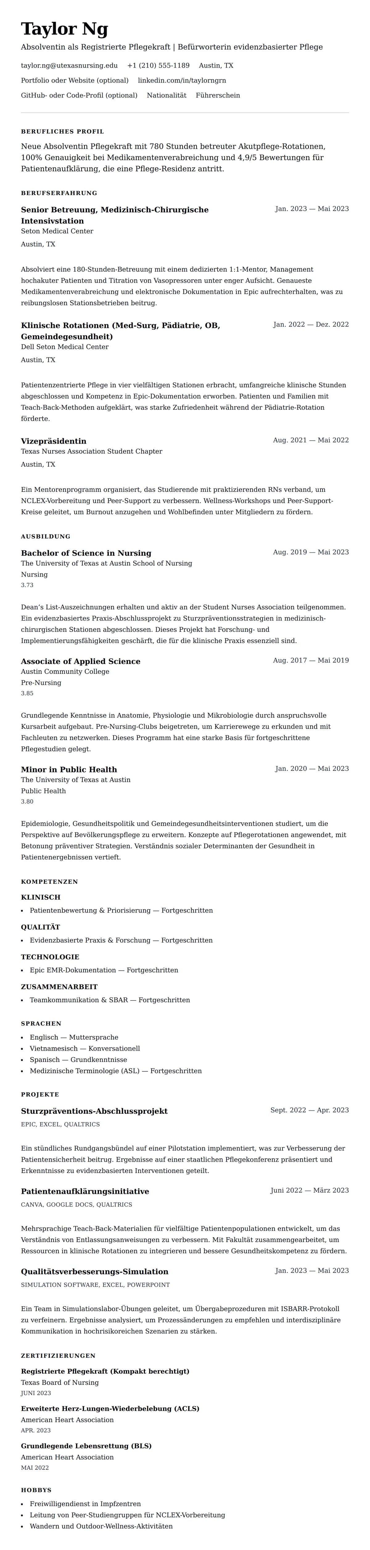 Lebenslaufvorschau für Beispiel-Lebenslauf für Neue Absolventin Pflegekraft