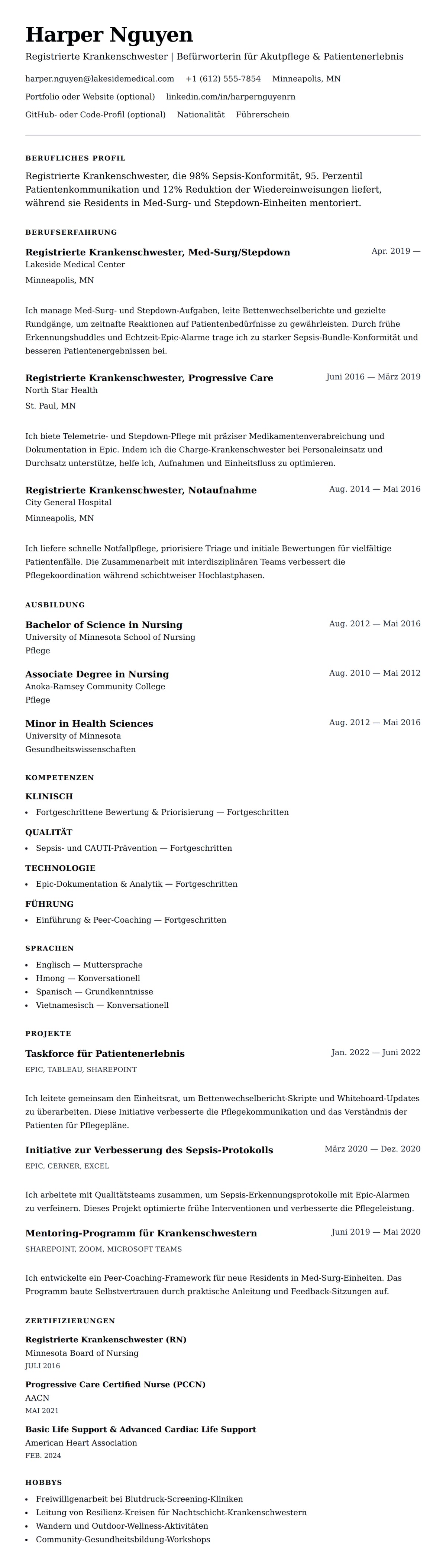 Lebenslaufvorschau für Beispiel-Lebenslauf für Krankenschwester