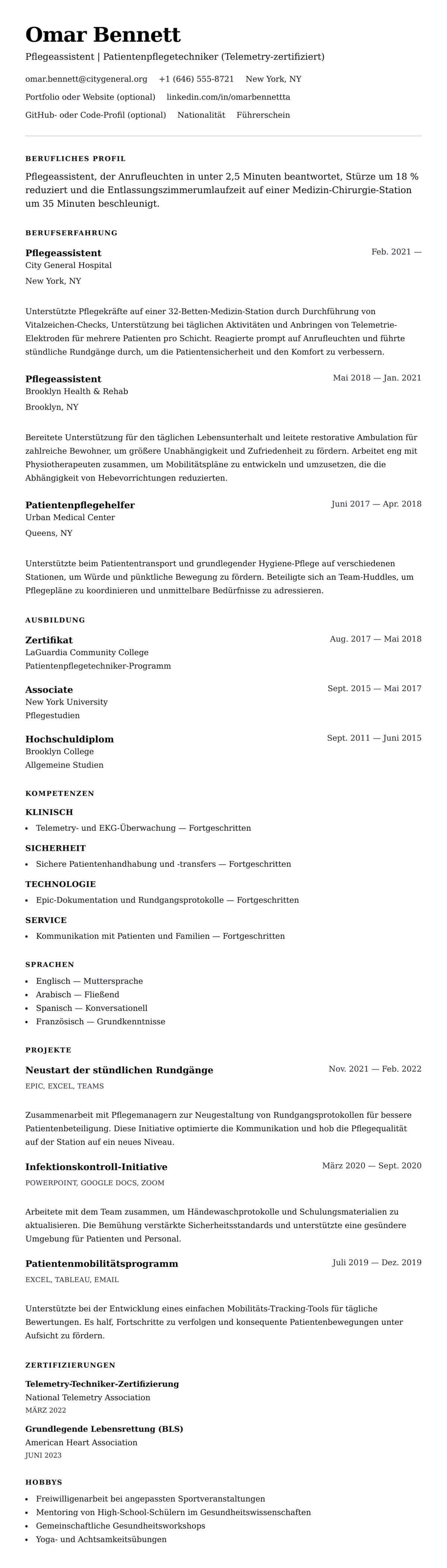 Lebenslaufvorschau für Beispiel-Lebenslauf für Pflegeassistent