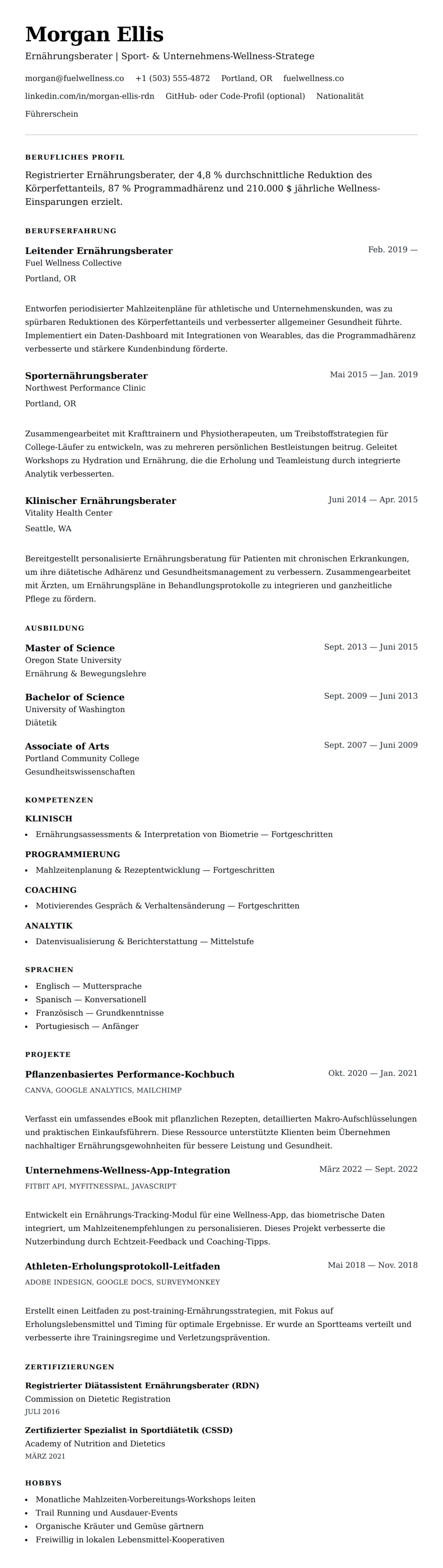 Lebenslaufvorschau für Ernährungsberater Lebenslauf Beispiel