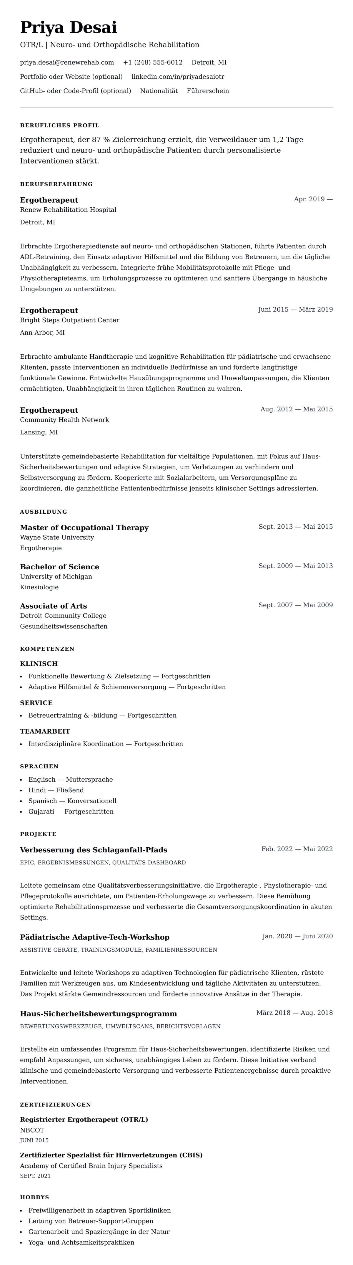 Lebenslaufvorschau für Ergotherapeut Lebenslauf-Beispiel