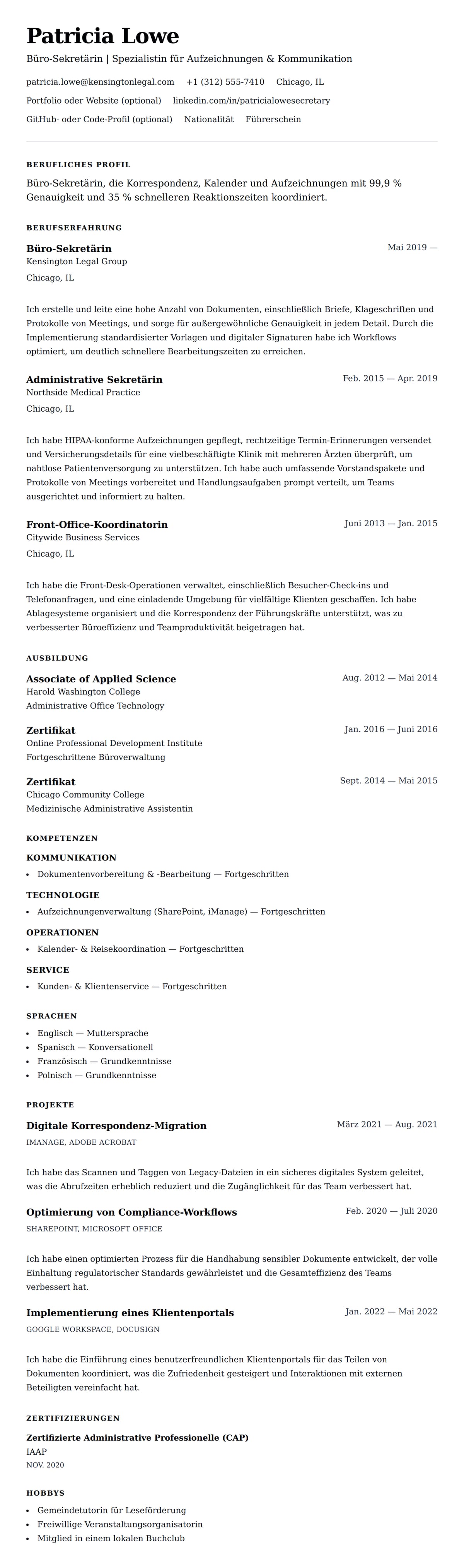 Lebenslaufvorschau für Büro-Sekretärin Lebenslauf-Beispiel