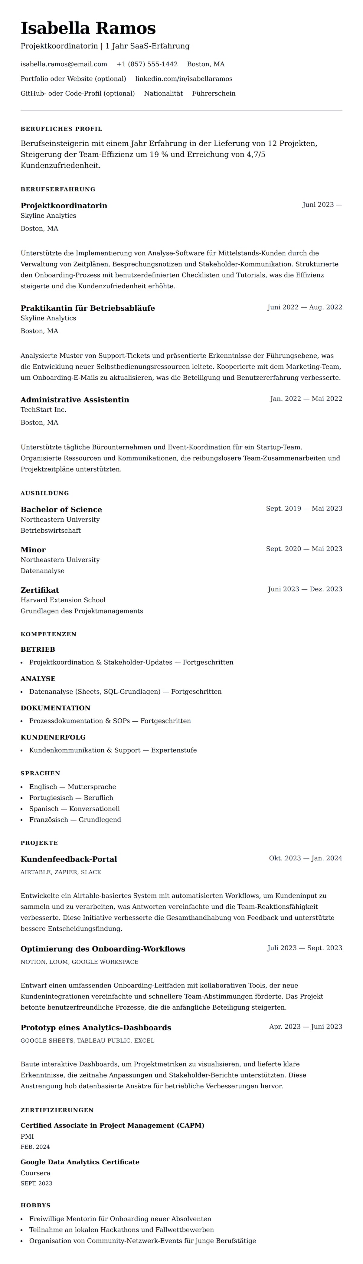 Lebenslaufvorschau für Beispiel-Lebenslauf für einjährige Erfahrung