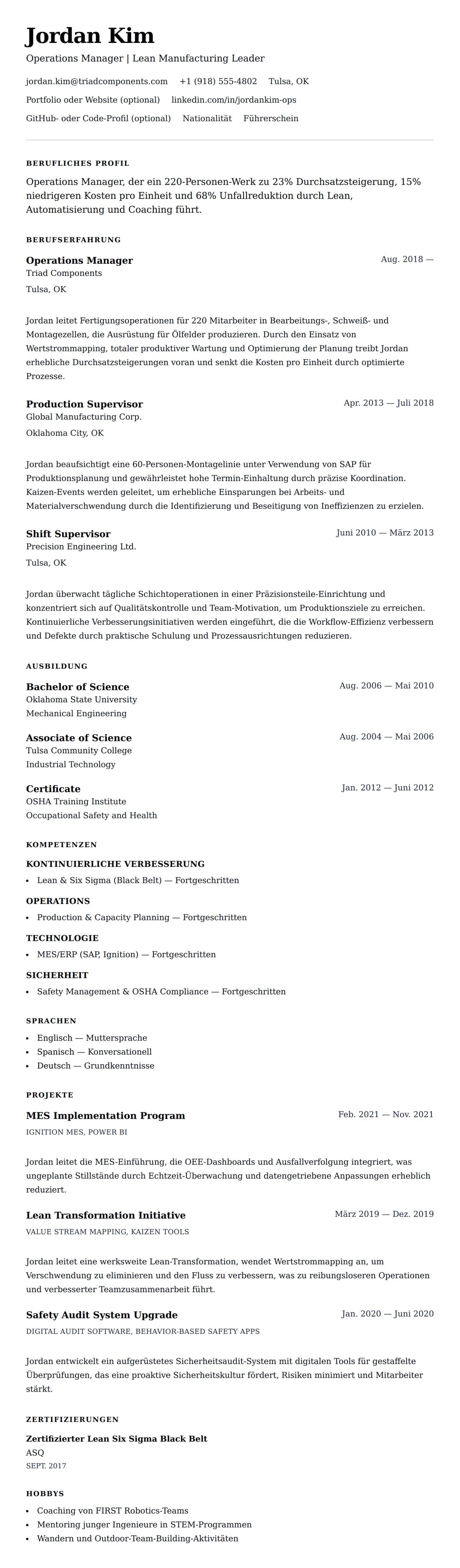 Lebenslaufvorschau für Operations Manager Lebenslauf-Beispiel