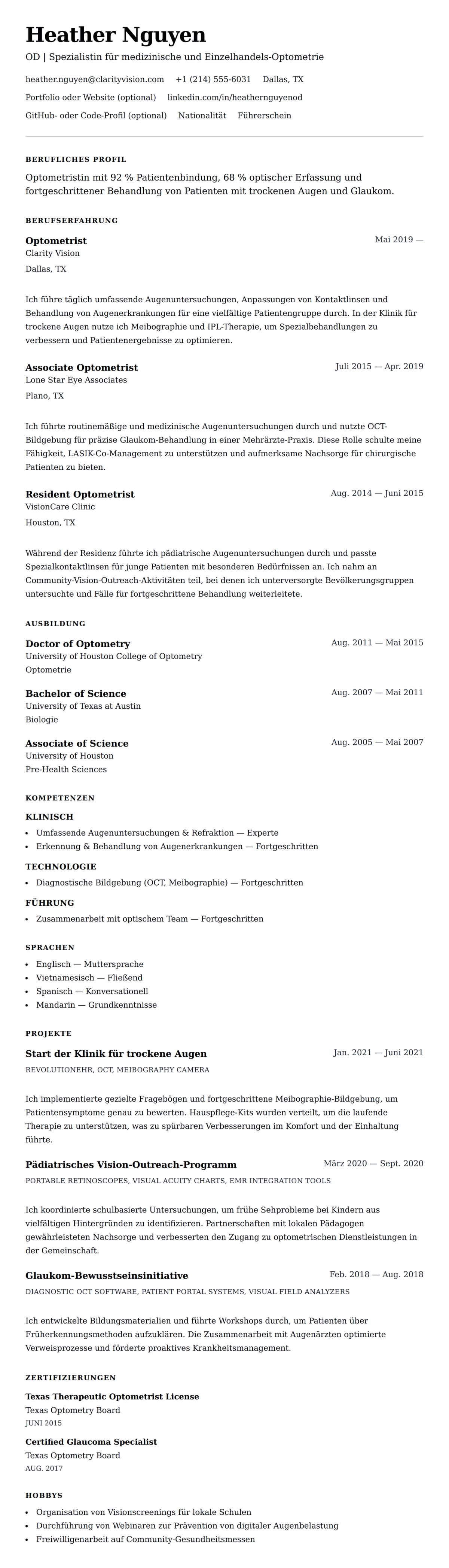 Lebenslaufvorschau für Optometrist Lebenslauf-Beispiel