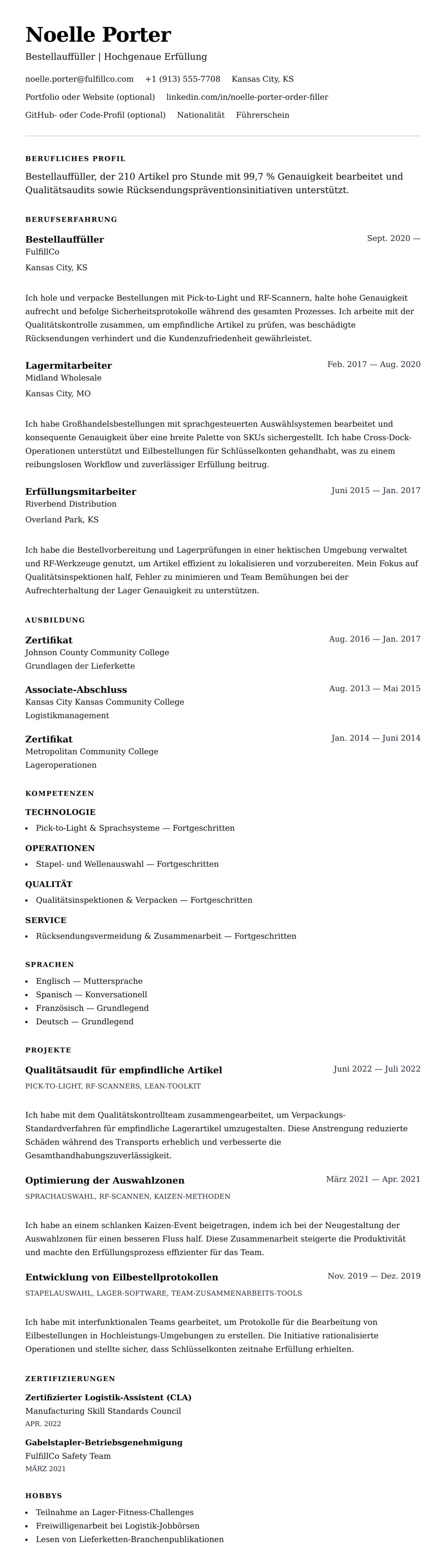 Lebenslaufvorschau für Lebenslauf-Beispiel für Bestellauffüller