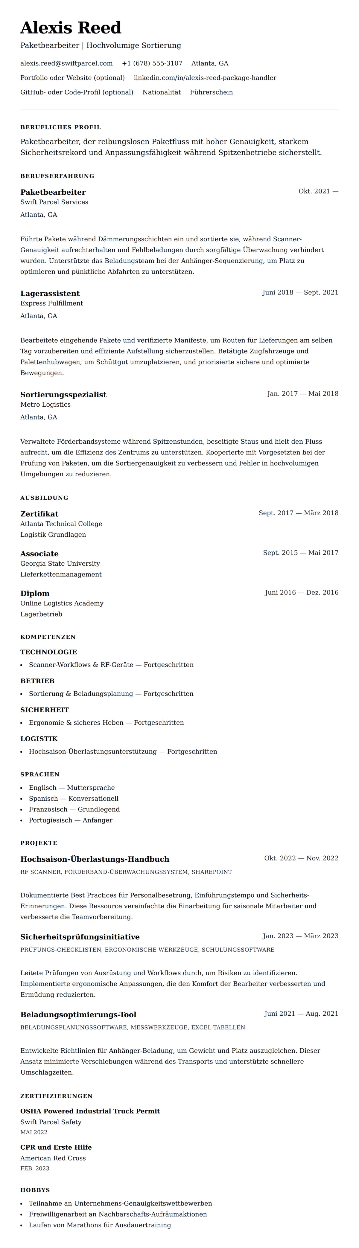 Lebenslaufvorschau für Paketbearbeiter Lebenslaufbeispiel