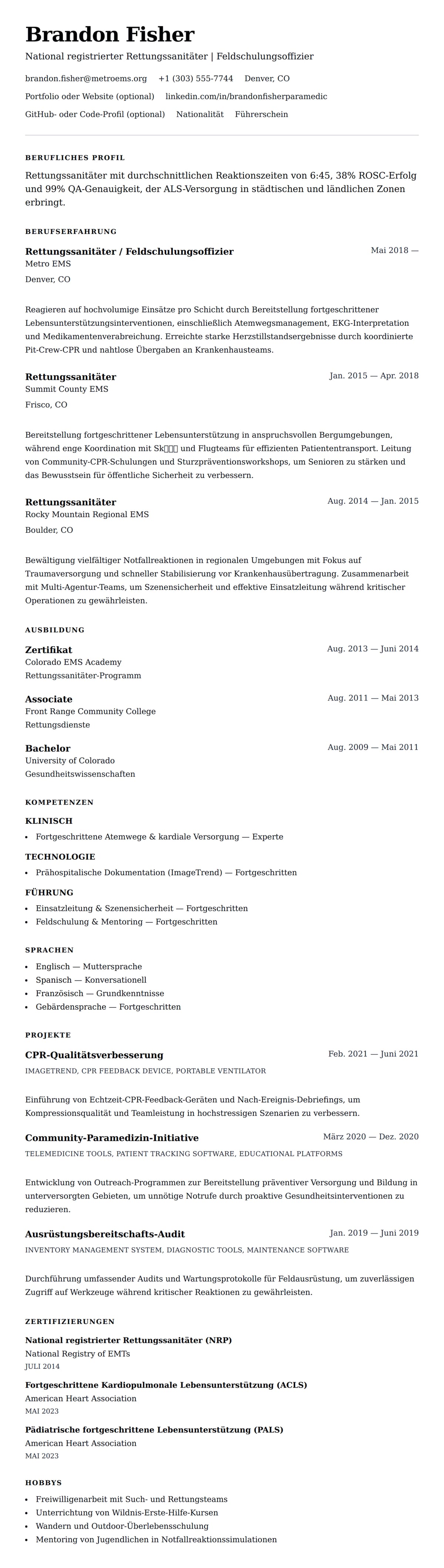 Lebenslaufvorschau für Rettungssanitäter-Lebenslaufbeispiel