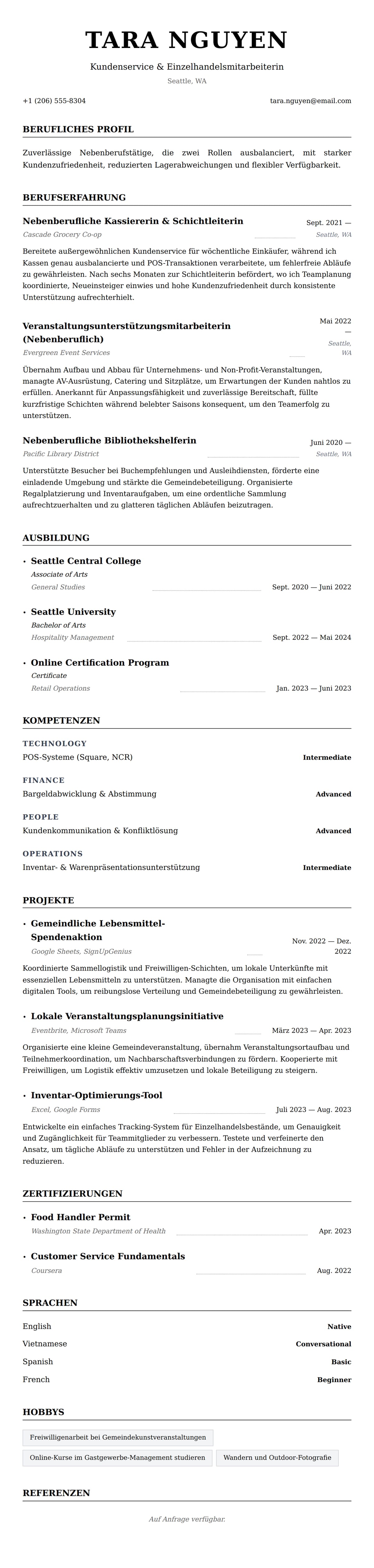 Lebenslaufvorschau für Nebenjob Lebenslauf-Beispiel