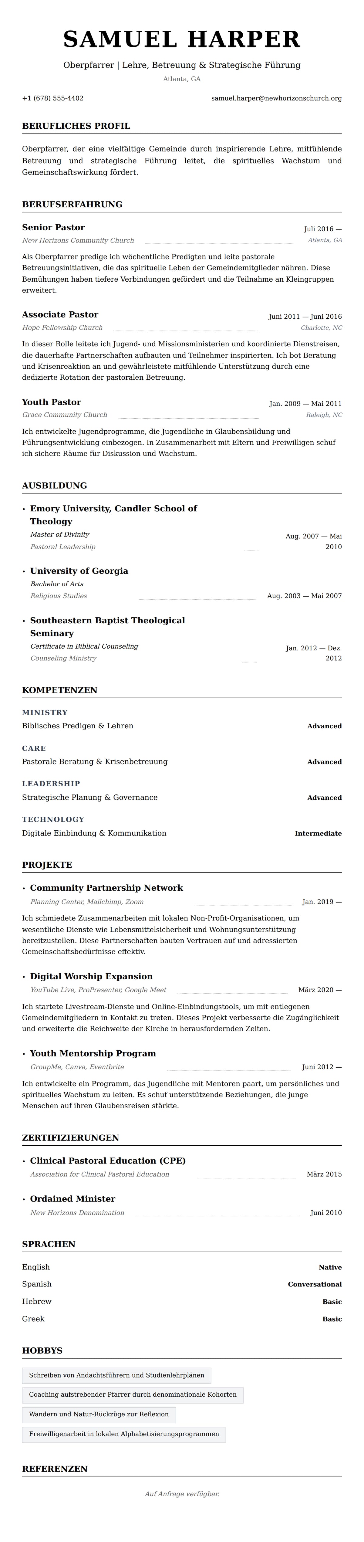 Lebenslaufvorschau für Pastor-Lebenslauf-Beispiel