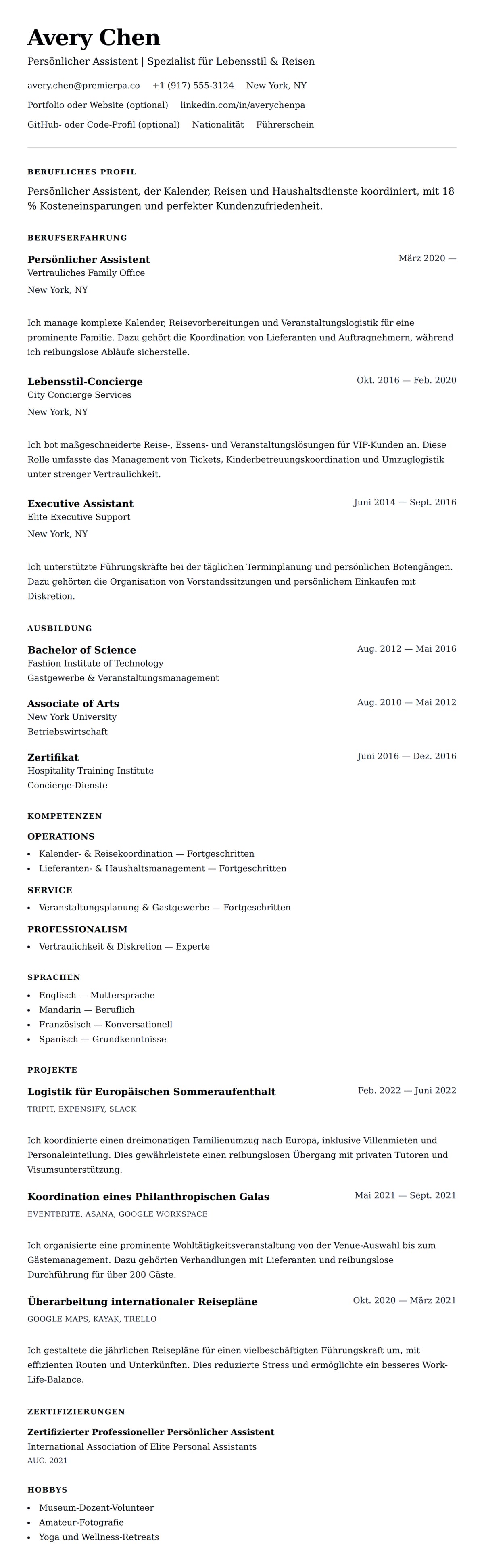 Lebenslaufvorschau für Beispiel-Lebenslauf für Persönlichen Assistenten