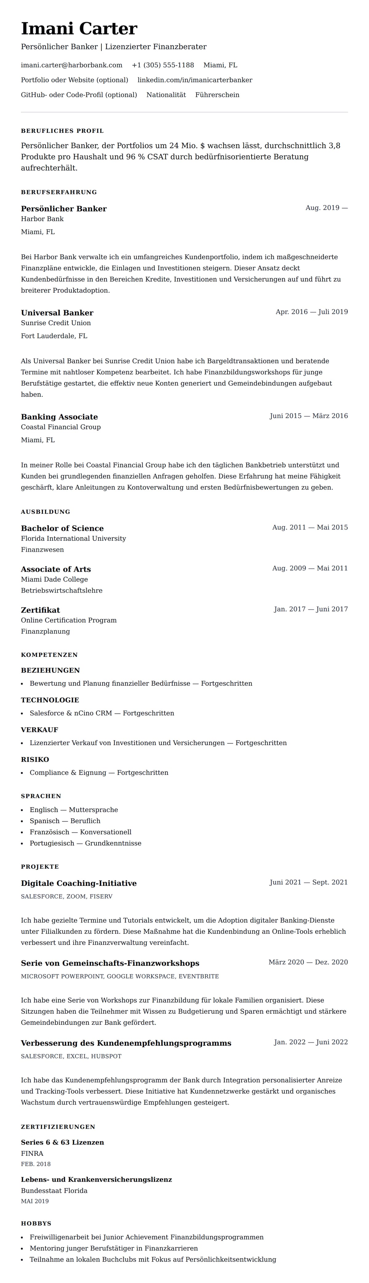 Lebenslaufvorschau für Lebenslaufbeispiel für Persönlichen Banker