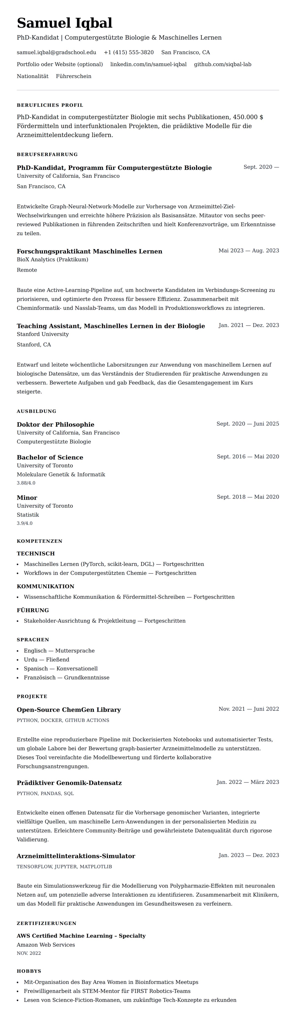 Lebenslaufvorschau für PhD-Lebenslauf Beispiel