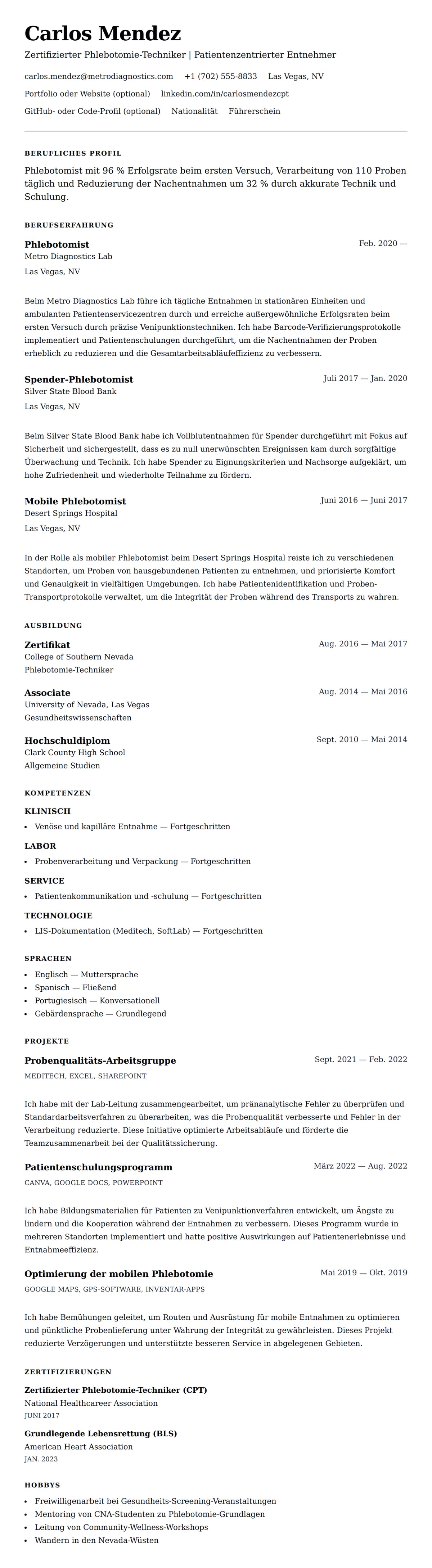 Lebenslaufvorschau für Phlebotomist Lebenslauf-Beispiel