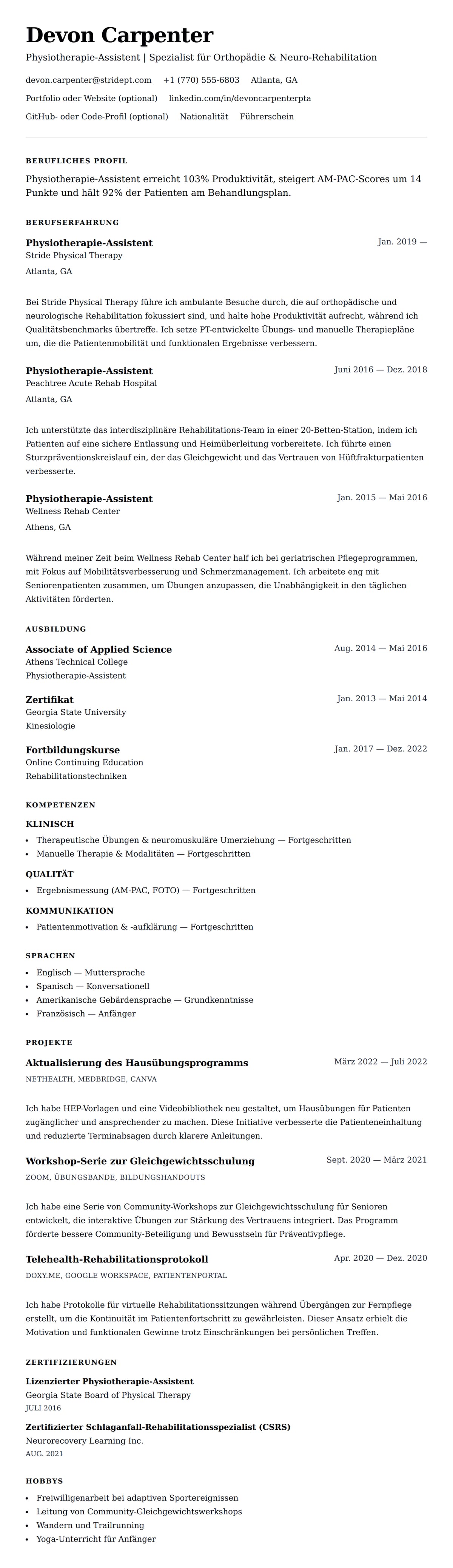 Lebenslaufvorschau für Physiotherapie-Assistent (PTA) Lebenslauf-Beispiel