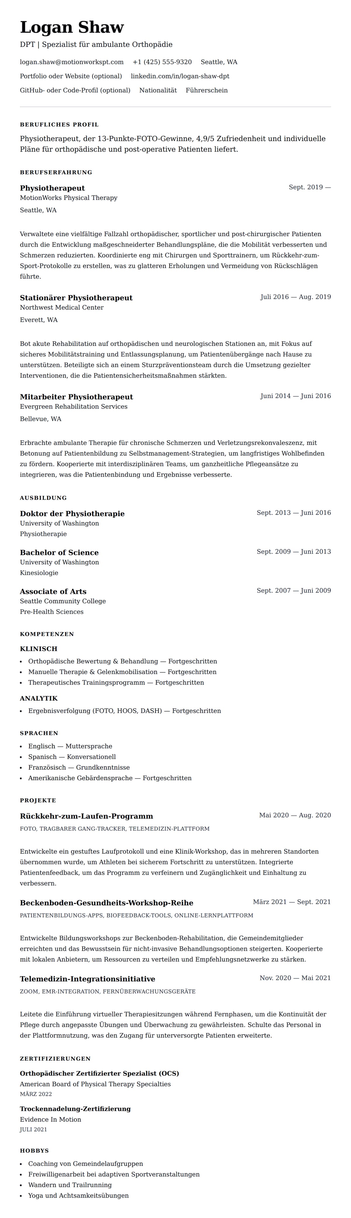 Lebenslaufvorschau für Physiotherapeut Lebenslauf-Beispiel