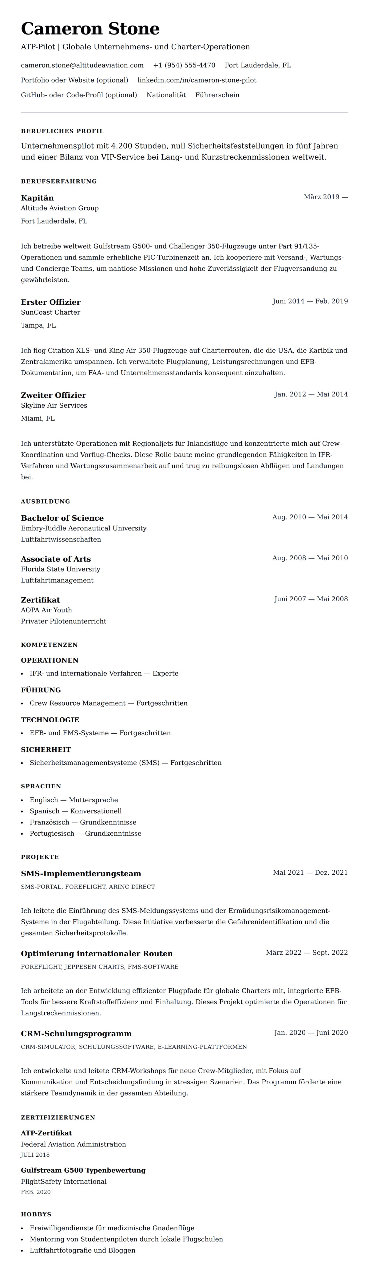 Lebenslaufvorschau für Pilot-Lebenslauf-Beispiel